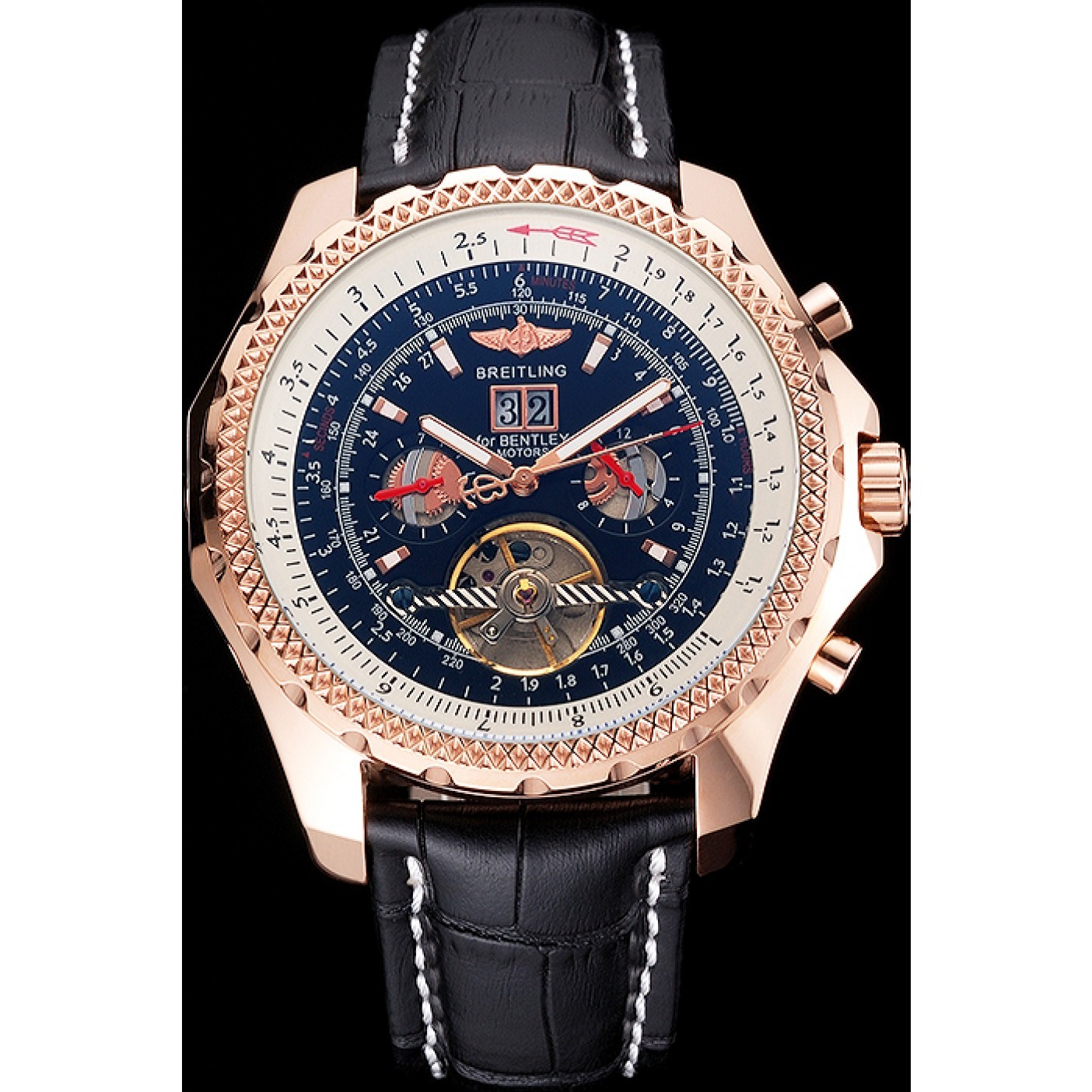 Breitling For Bentley Mulliner Tourbillon Black Dial Rose Gold Case Black Leather Strap