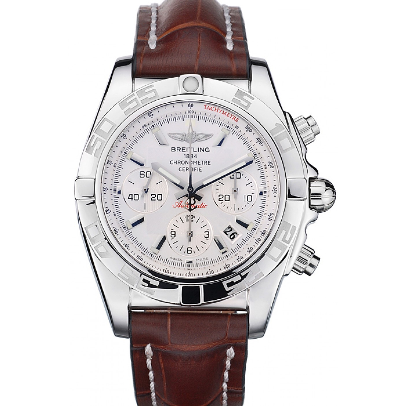 Swiss Breitling Certifie Stainless Steel Bezel Brown Croco Leather Bracelet White Dial 80285