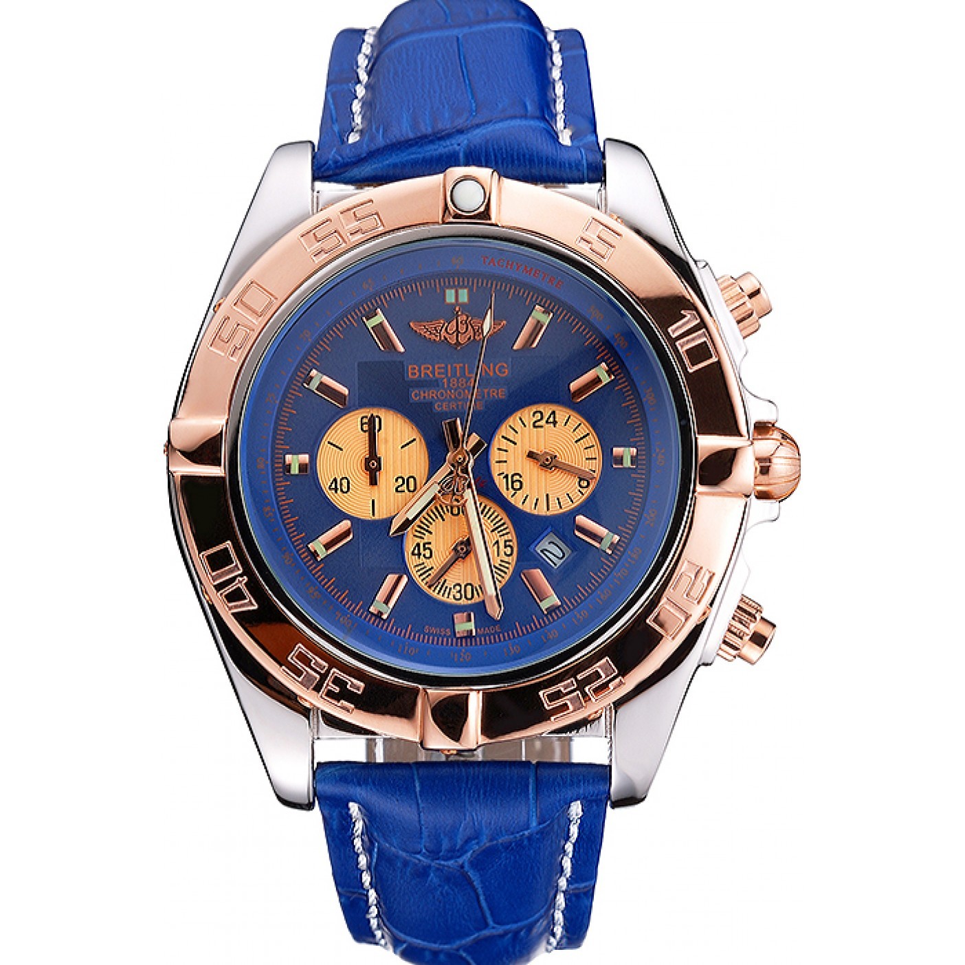 Breitling Chronomat Blue Dial Rose Gold Bezel And Subdials Stainless Steel Case Blue Leather Strap