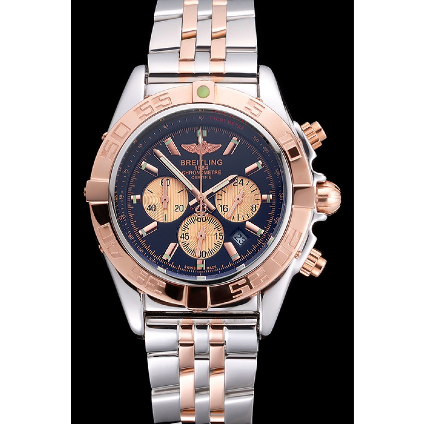 Breitling Chronomat Black Dial Rose Gold Bezel And Subdials Stainless Steel Case Two Tone Bracelet