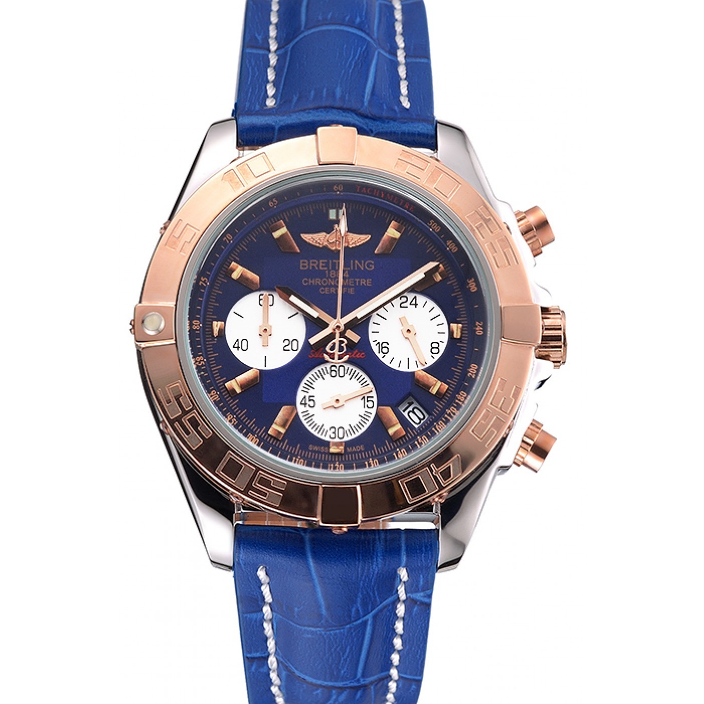 Breitling Chronomat Blue Dial Stainless Steel Case Gold Bezel Blue Leather Strap