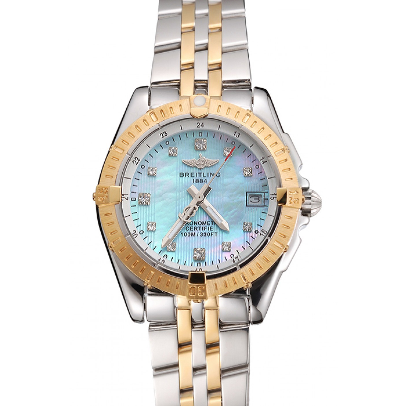 Breitling Colt Lady Light Blue Dial Diamond Hour Marks Gold Bezel Stainless Steel Case Two Tone Bracelet