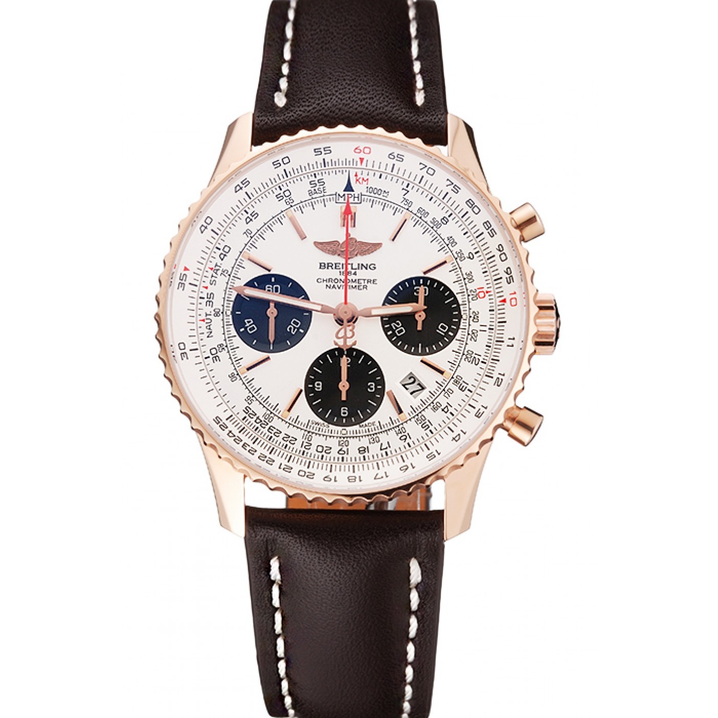 Swiss Breitling Navitimer 01 White Dial Black Subdials Rose Gold Case Brown Leather Strap