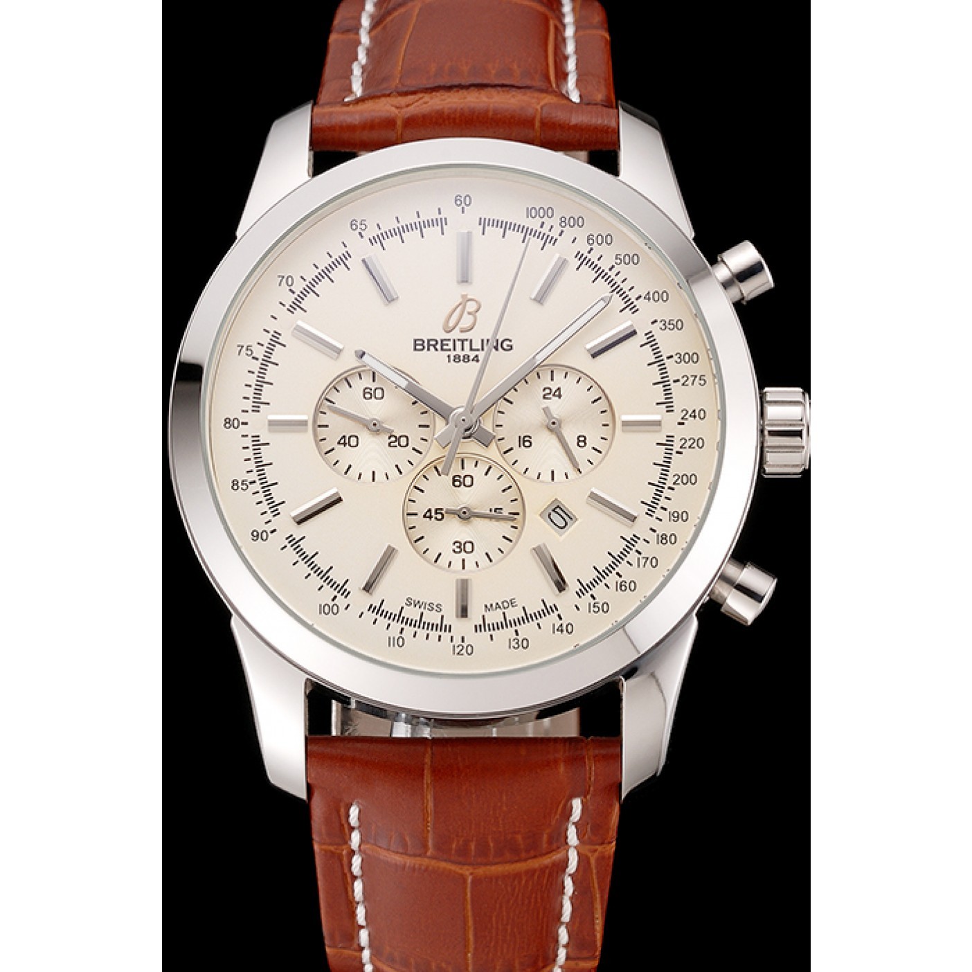 Breitling Transocean Beige Dial Brown Leather Strap Polished Stainless Steel Bezel