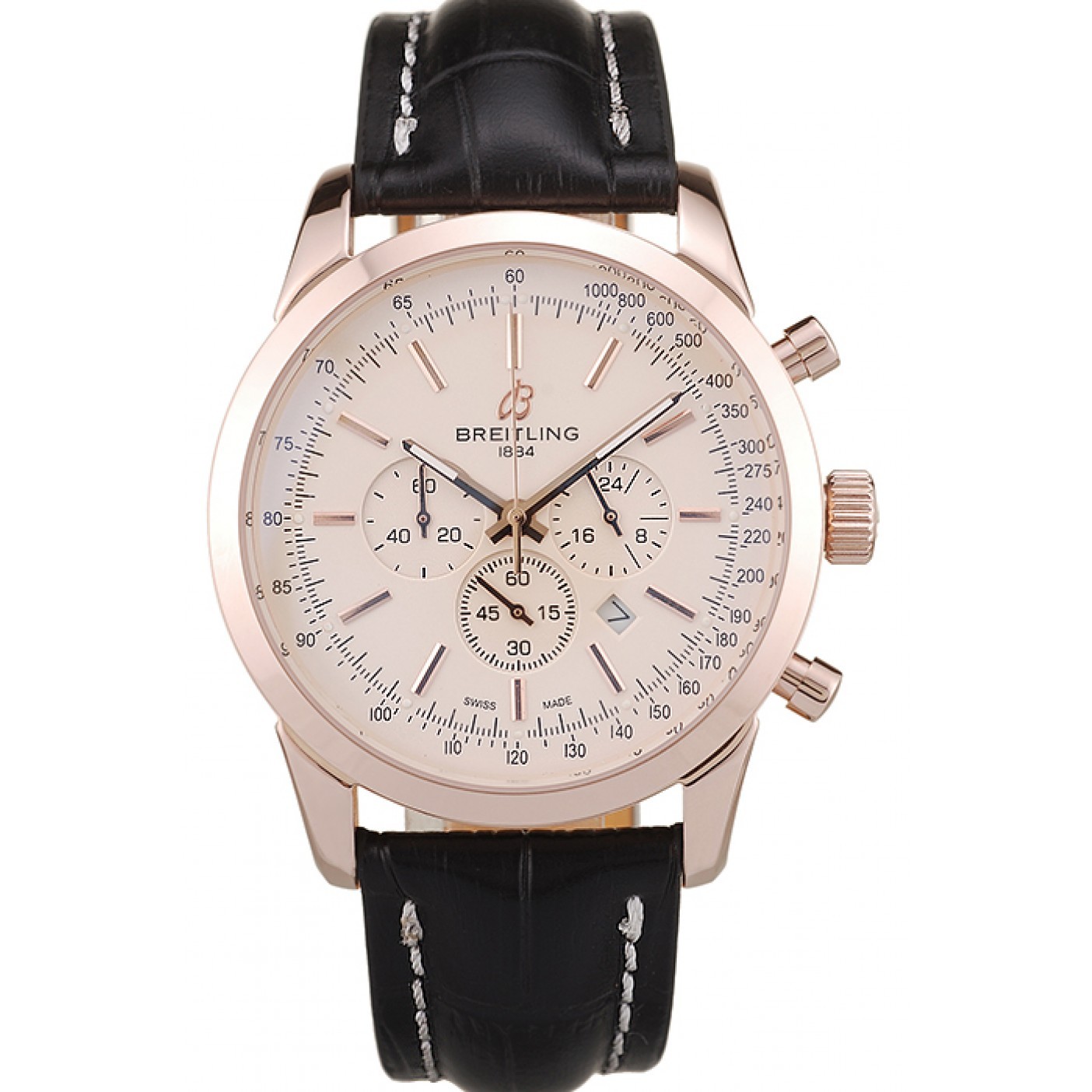 Breitling Transocean White Dial Black Leather Strap Rose Gold Bezel 98206