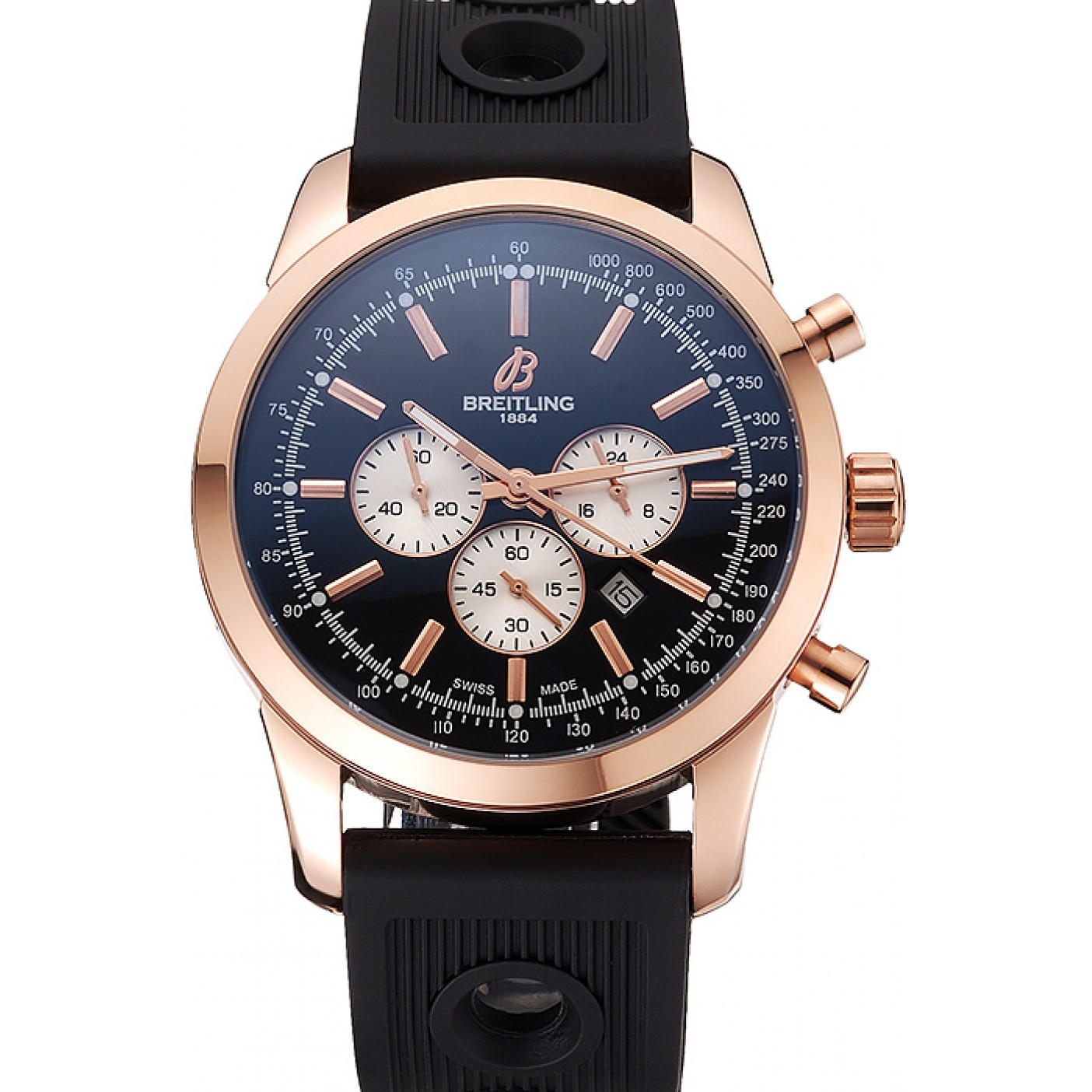 Breitling Transocean Black Dial Black Rubber Strap Rose Gold Bezel 98207