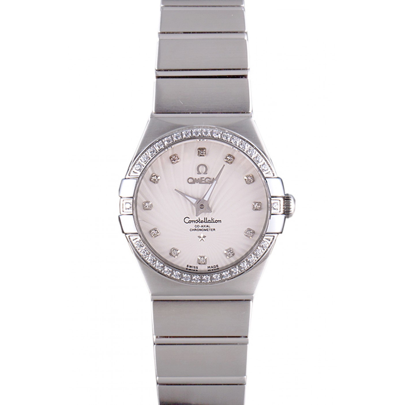 Swiss Lady Omega Constellation Crystal Encrusted Bezel Silver Radial Dial 80291