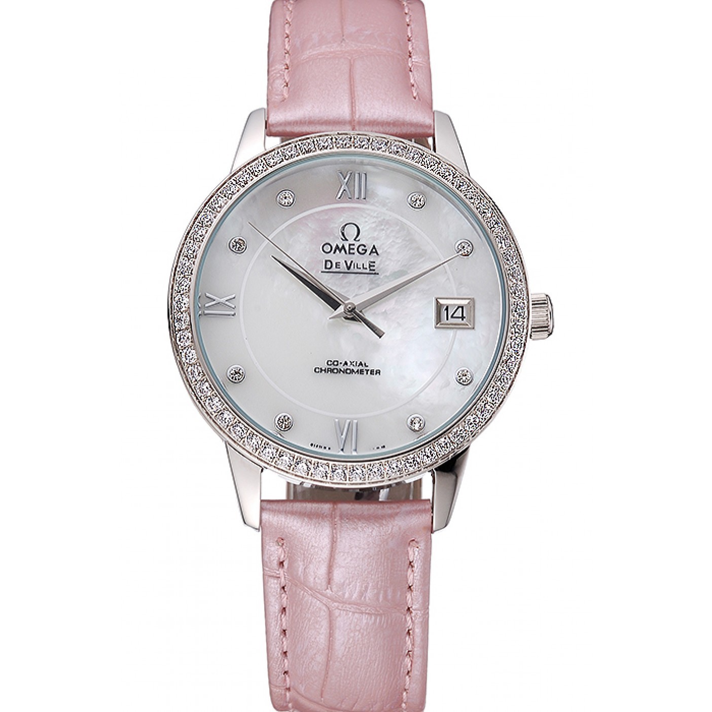 Omega DeVille Prestige Co-Axial Diamond Silver Case Mother-Of-Pearl Dial Pink Leather Strap