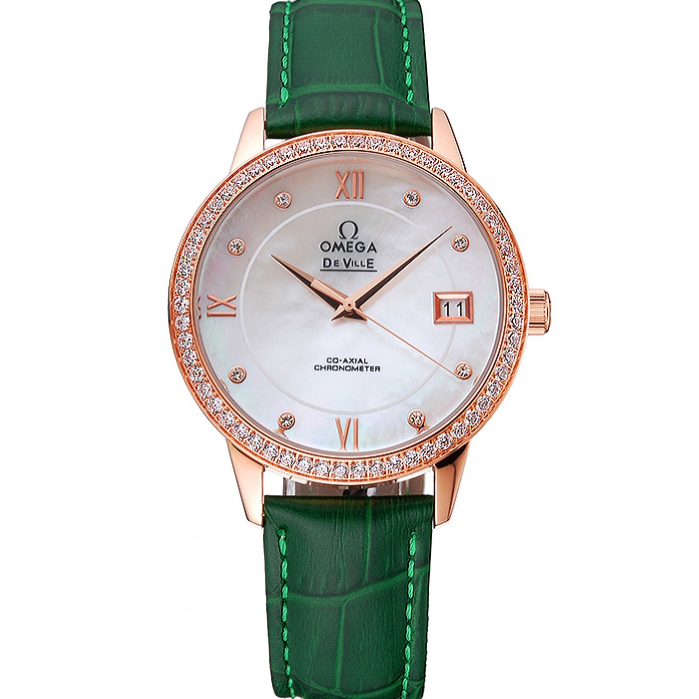 Omega DeVille Prestige Co-Axial Diamond Gold Case Mother-Of-Pearl Dial Green Leather Strap