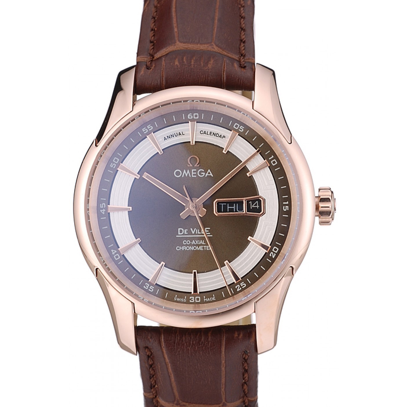 Omega Swiss DeVille Rose Gold Bezel Brown Leather Strap 7616