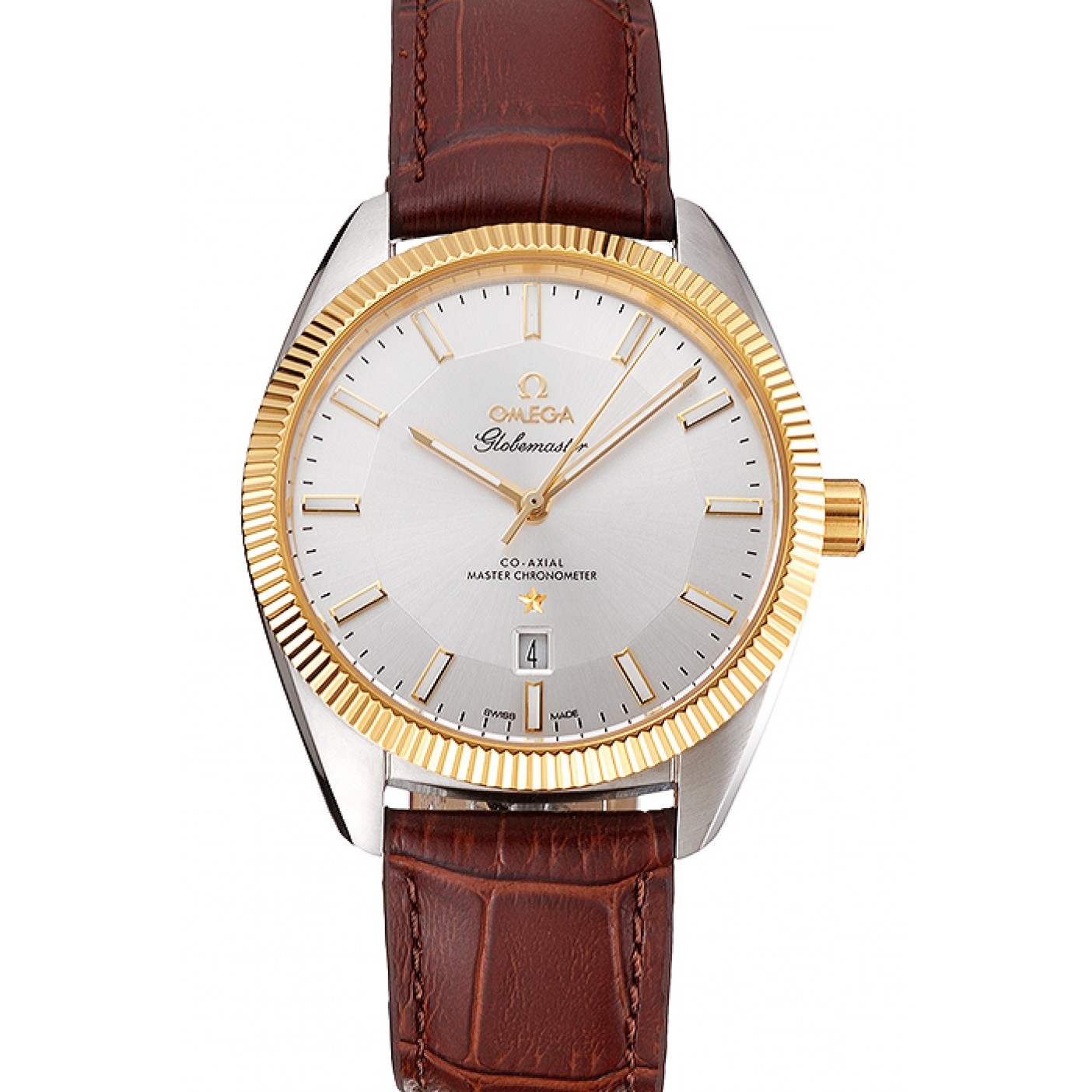 Omega Globemaster Silver Dial Gold Bezel Stainless Steel Case Brown Leather Strap