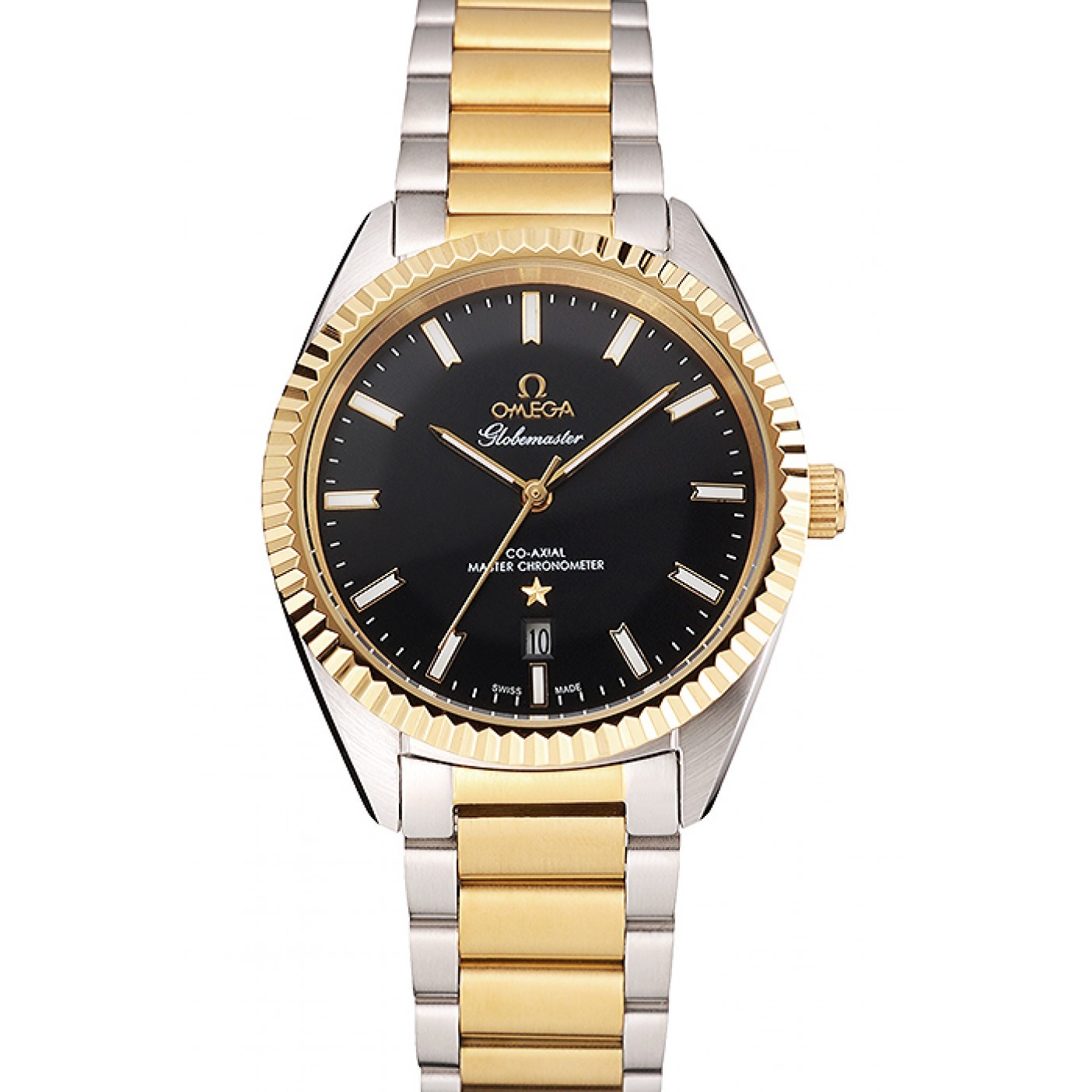 Omega Globemaster Black Dial Stainless Steel Case Gold Bezel Two Tone Bracelet