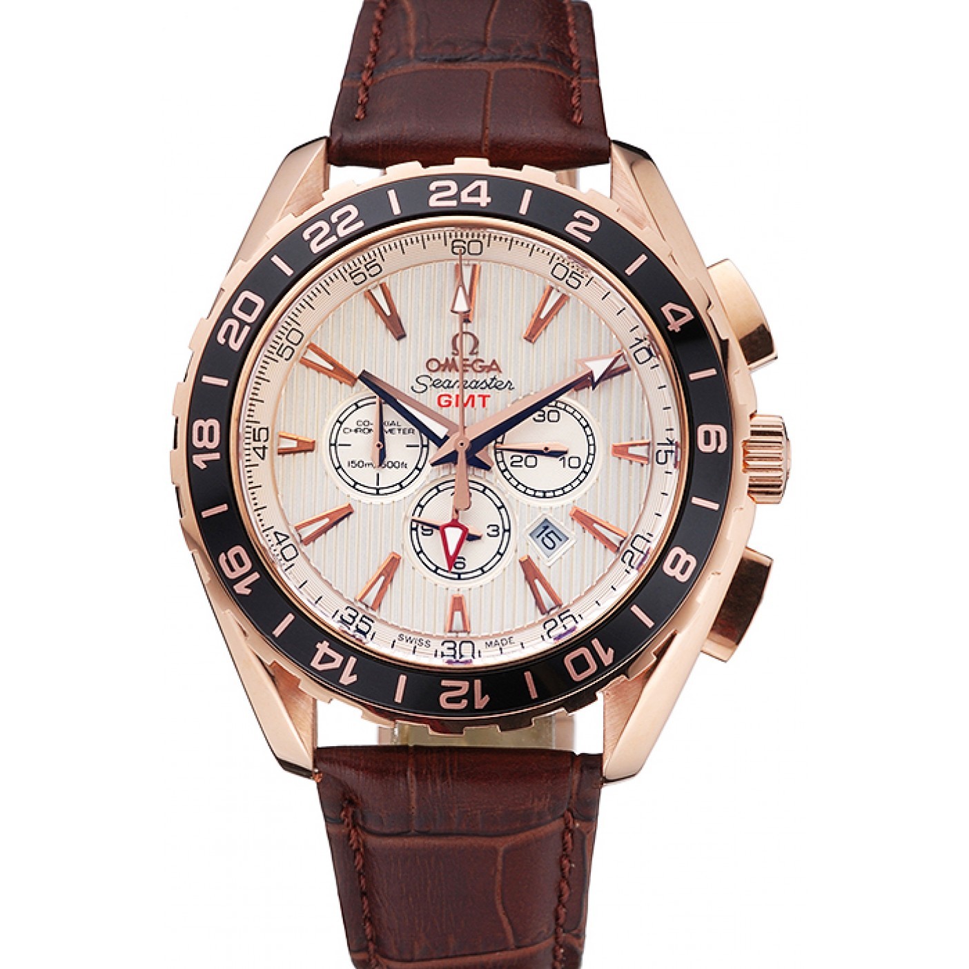 Omega Seamaster Aqua Terra Chrono GMT Ivory Dial Brown Leather Bracelet 622534