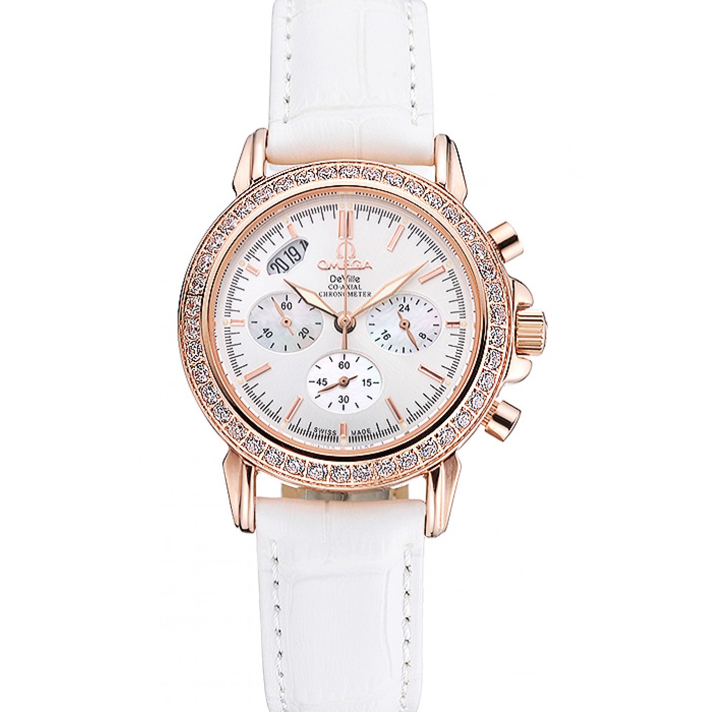 Omega Speedmaster Chronograph White Dial Gold Diamond Case White Leather Bracelet 622455