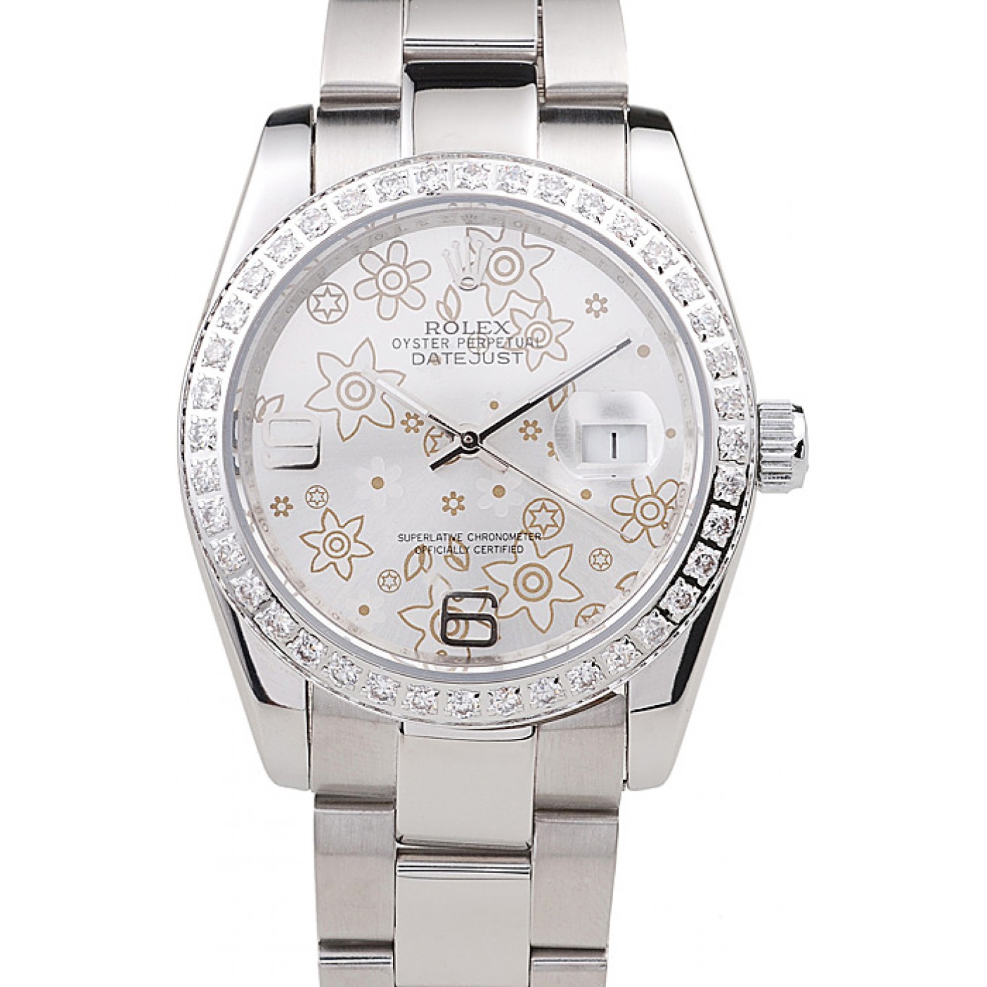 Rolex Datejust Polished Stainless Steel Silver Flowers Dial Diamond Plated 98081