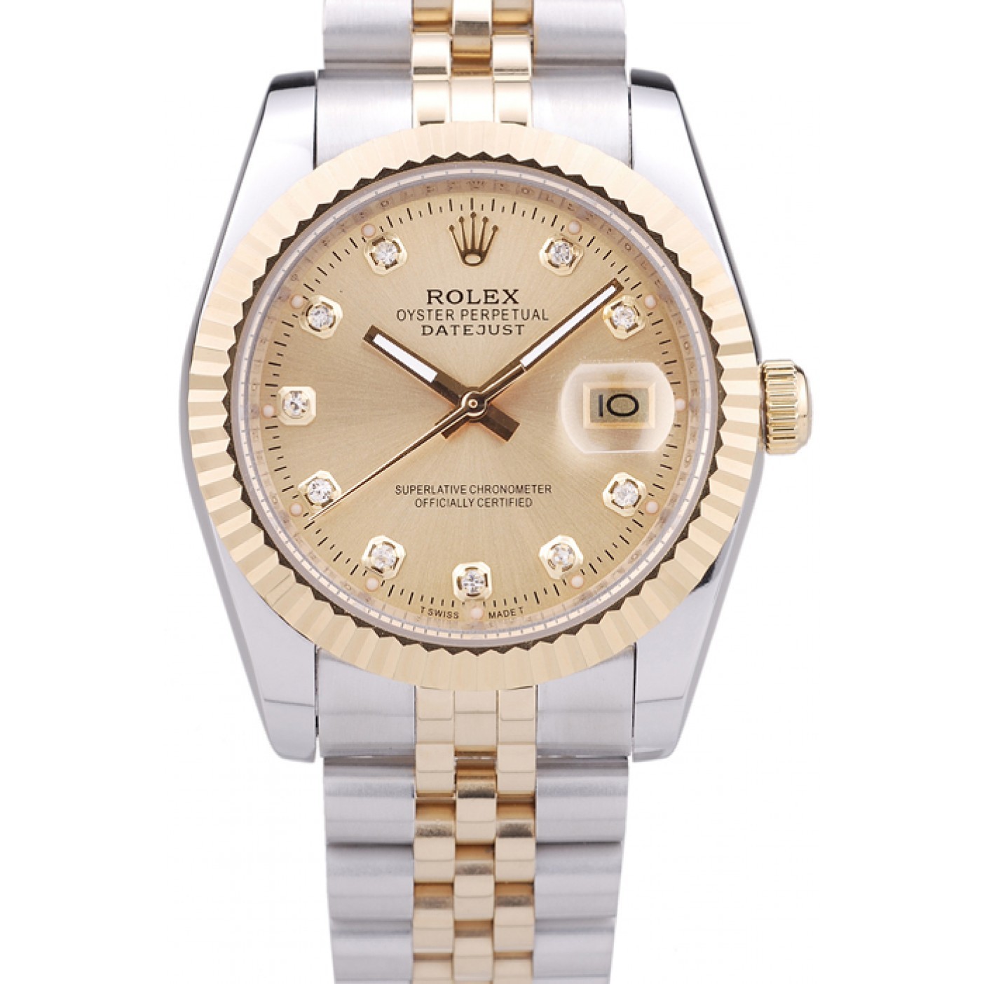 Rolex Datejust Gold Dial Diamonds Ribbed Bezel 7452