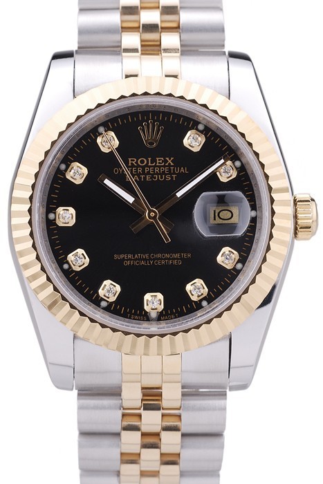 Rolex Datejust Black Dial Diamonds Ribbed Bezel 7453