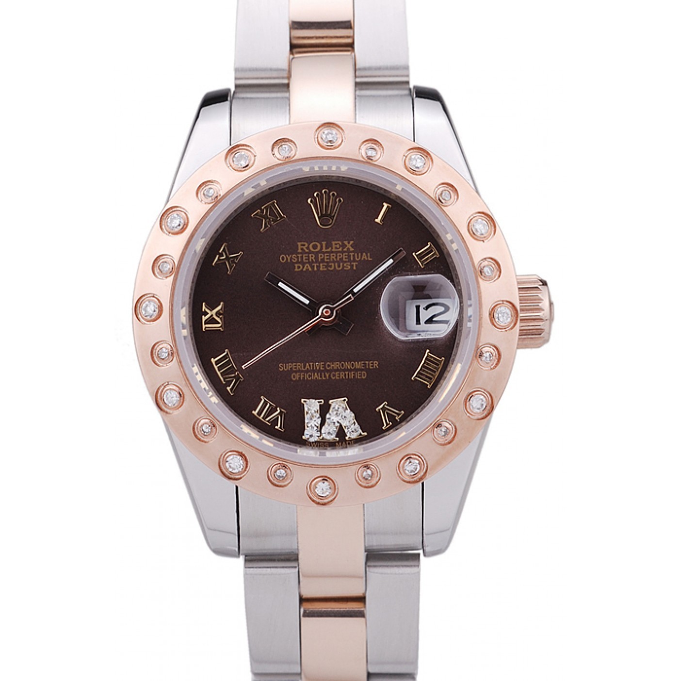 Rolex Datejust Diamonds Rose Gold Polished Bezel Brown Dial 7475