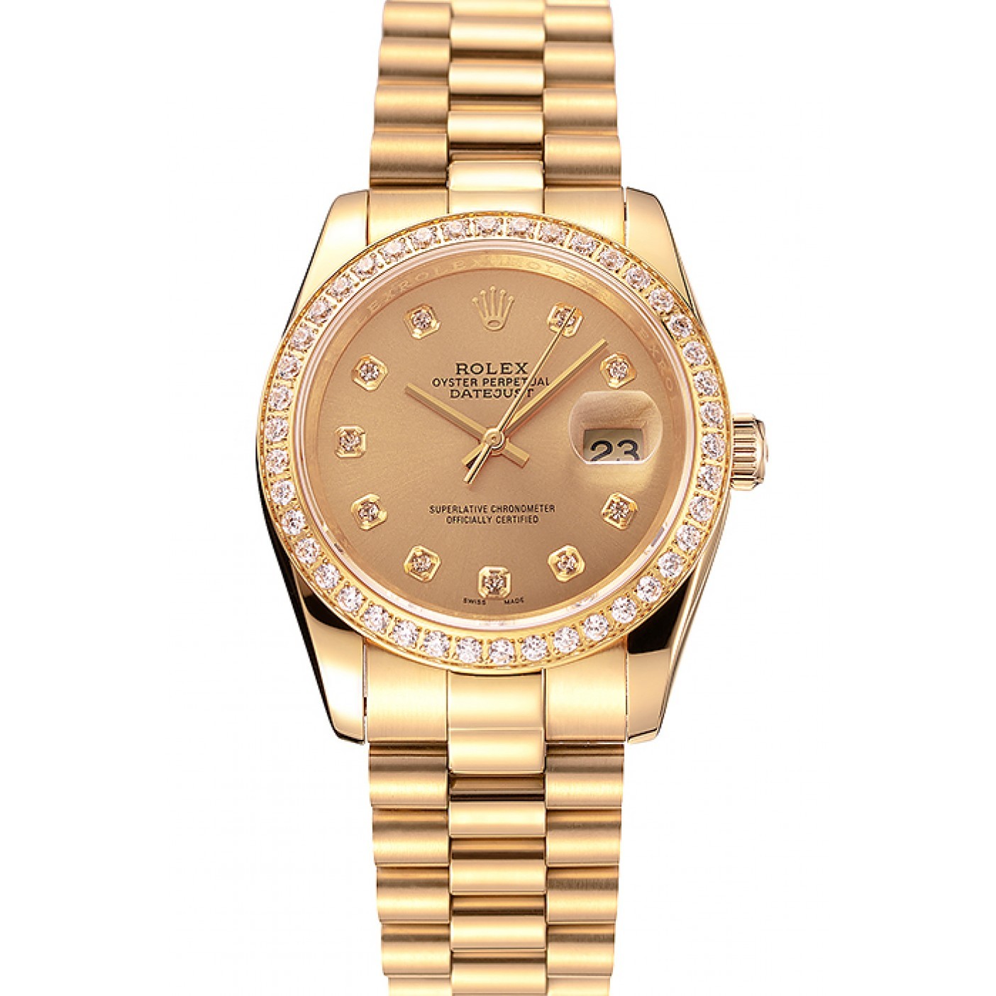 Swiss Rolex Datejust Champagne Dial Diamond Bezel Gold Bracelet 1454097