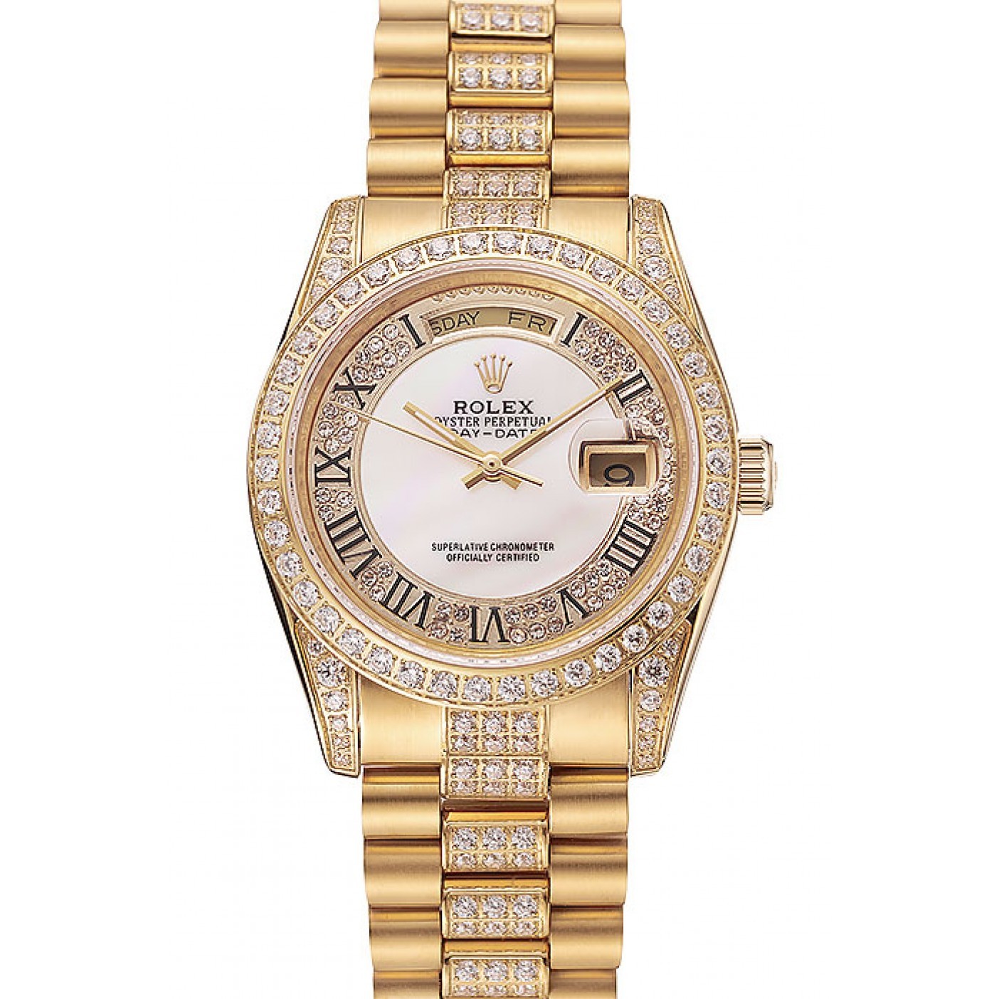 Swiss Rolex Day-Date Diamond Pave White Dial Gold Diamond Bracelet 1453958