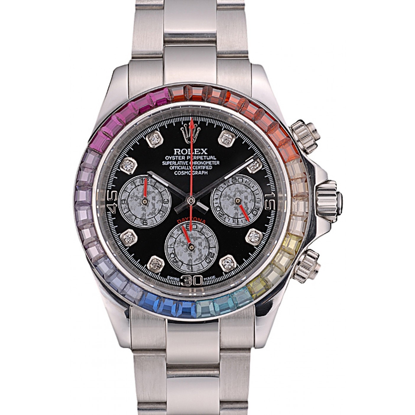 Rolex Daytona Cosmograph Rainbow Crystals Bezel Stainless Steep Strap Black Dial 80250