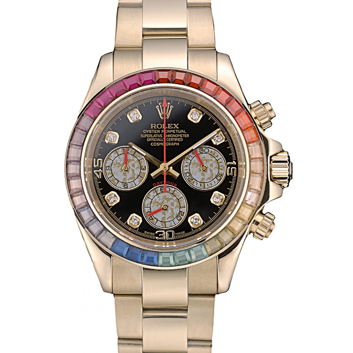 Rolex Daytona Cosmograph Rainbow Crystals Bezel Rose Gold Strap Black Dial 80251