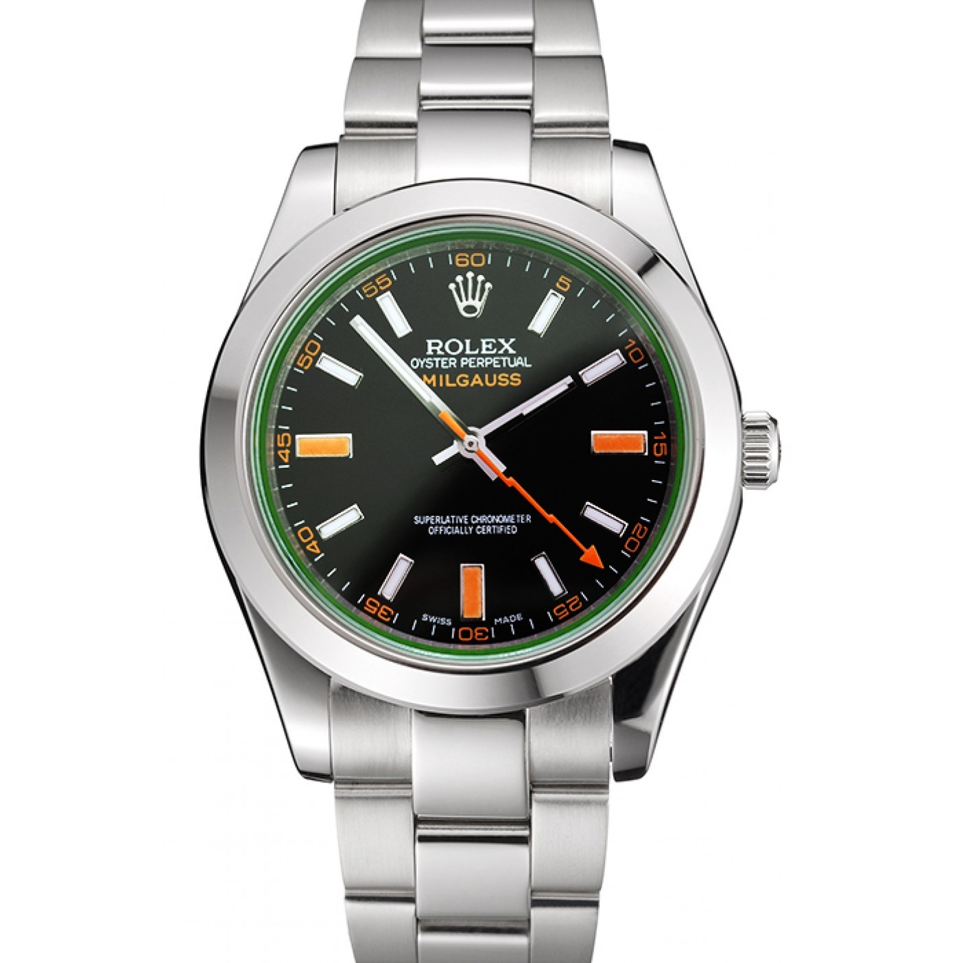 Swiss Rolex Milgauss Black Dial Orange Markings Stainless Steel Case And Bracelet