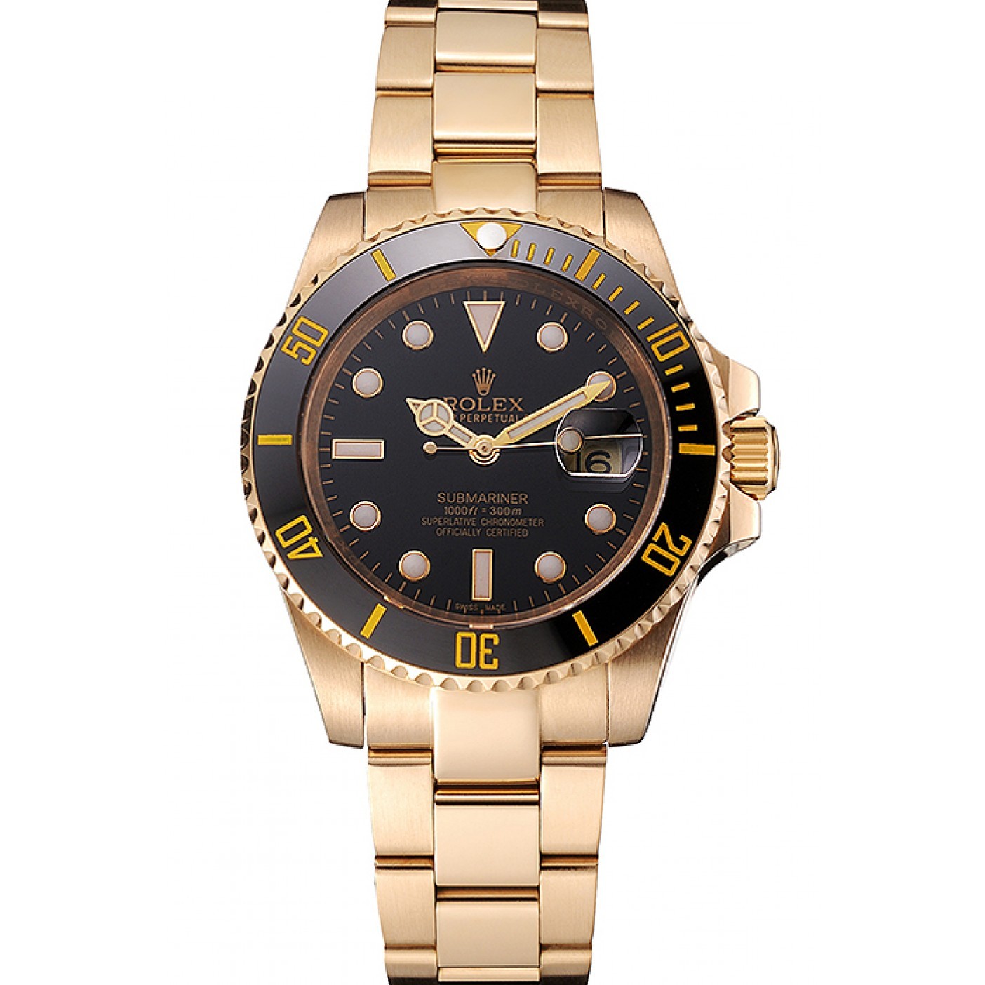 Swiss Rolex Submariner Black Dial Black Bezel Yellow Gold Case And Bracelet