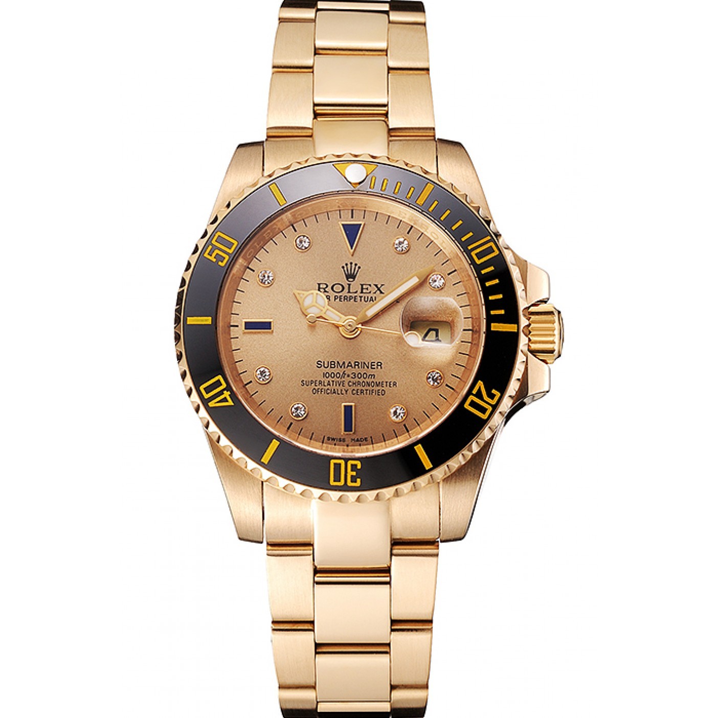 Swiss Rolex Submariner Gold Dial With Diamond Markings Black Bezel Yellow Gold Case And Bracelet