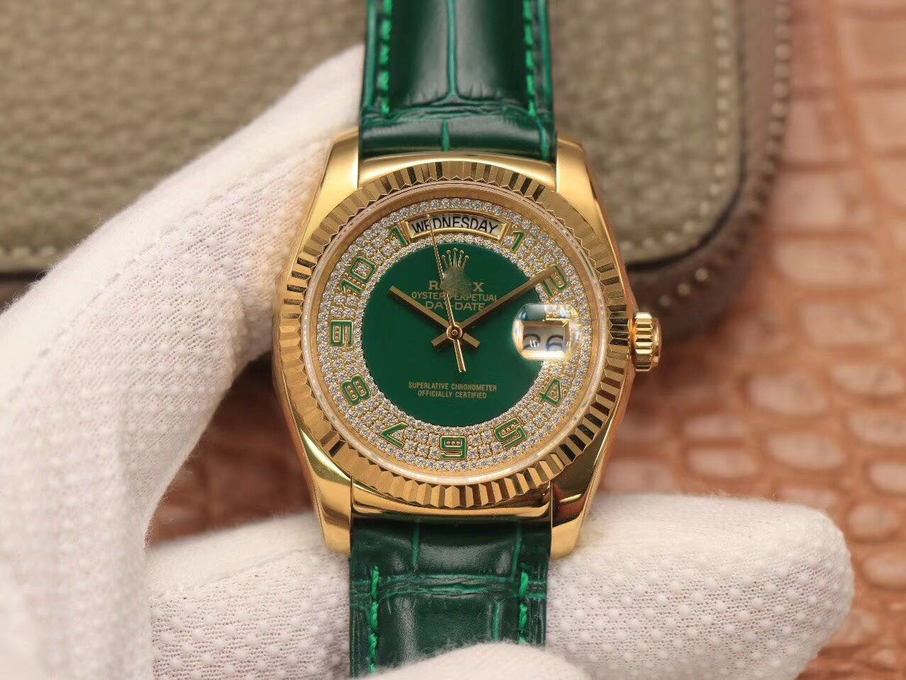 DAY-DATE 36MM GREEN ENAMEL DIAMOND GYPSOPHILA GOLD DIAL WATCH